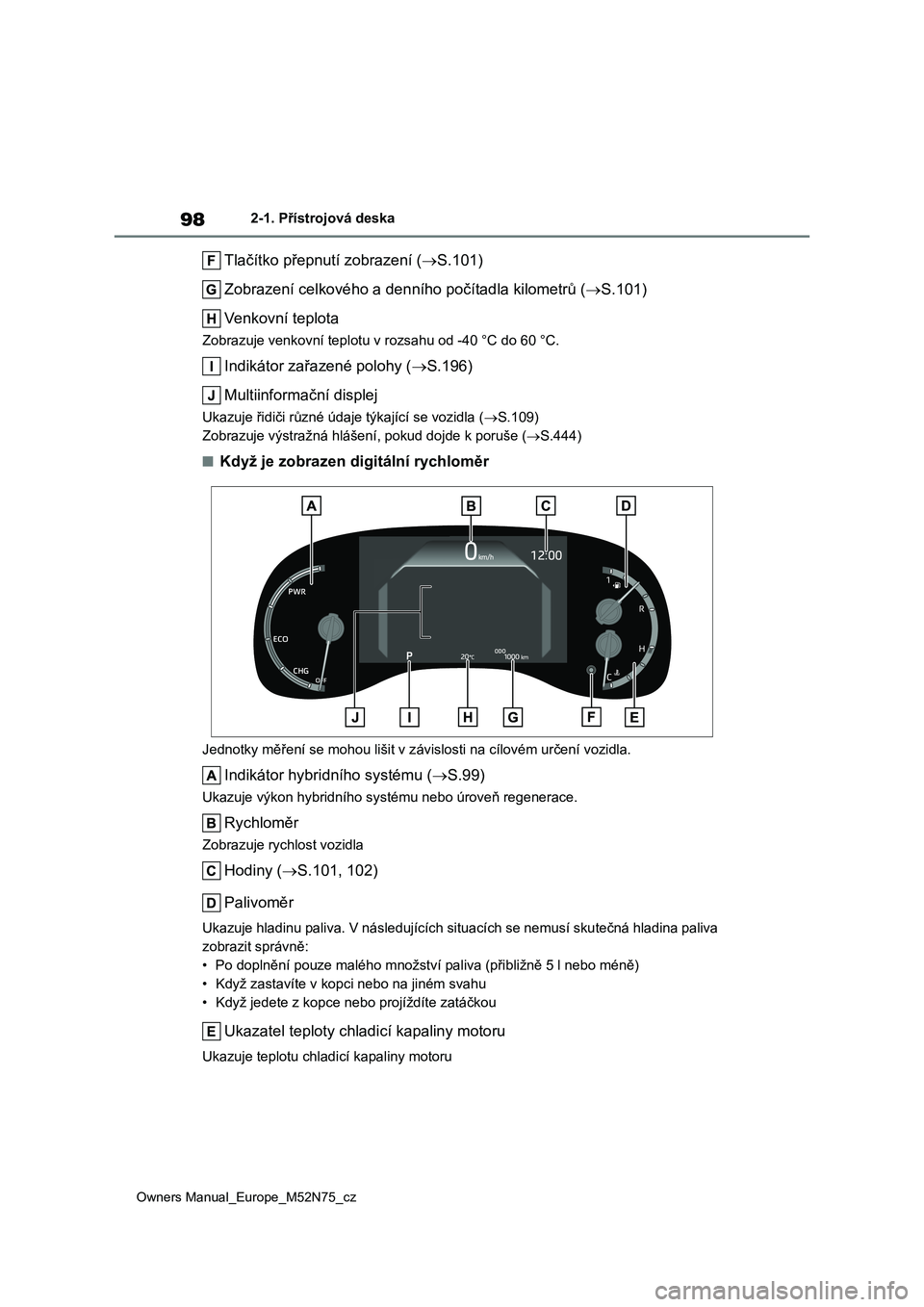TOYOTA YARIS CROSS 2023 Návod na použití (in Czech) 98
Owners Manual_Europe_M52N75_cz
2-1. Přístrojová deska
Tlačítko přepnutí zobrazení (S.101)
Zobrazení celkového a denní ho počítadla kilometrů (S.101)
Venkovní teplota
Zobrazuj TOYOTA YARIS CROSS 2023 Návod na použití (in Czech) 98
Owners Manual_Europe_M52N75_cz
2-1. Přístrojová deska
Tlačítko přepnutí zobrazení (S.101)
Zobrazení celkového a denní ho počítadla kilometrů (S.101)
Venkovní teplota
Zobrazuj