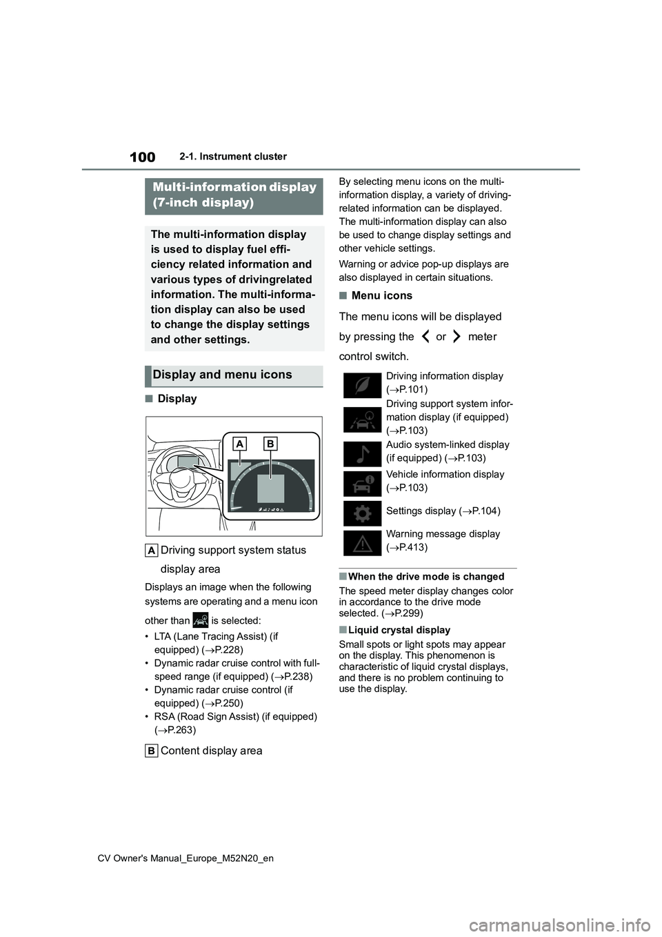 TOYOTA YARIS CROSS 2022 Owners Manual 100
CV Owner's Manual_Europe_M52N20_en
2-1. Instrument cluster
■Display
Driving support system status
display area
Displays an image when the following
systems are operating and a menu icon TOYOTA YARIS CROSS 2022 Owners Manual 100
CV Owner's Manual_Europe_M52N20_en
2-1. Instrument cluster
■Display
Driving support system status
display area
Displays an image when the following
systems are operating and a menu icon