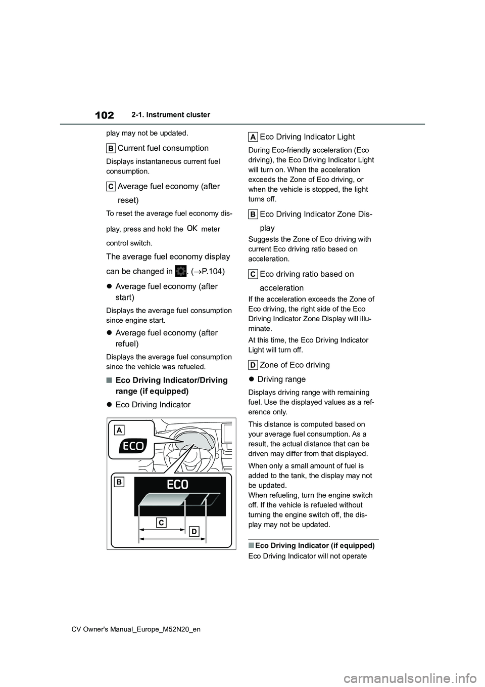 TOYOTA YARIS CROSS 2022  Owners Manual 102
CV Owner's Manual_Europe_M52N20_en
2-1. Instrument cluster 
play may not be updated.
Current fuel consumption
Displays instantaneous current fuel  
consumption.
Average fuel economy (after  
r