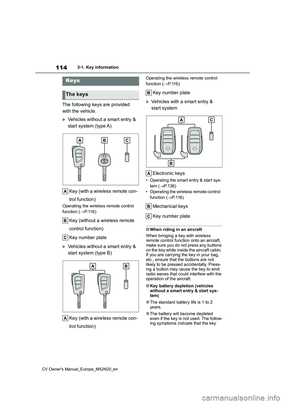 TOYOTA YARIS CROSS 2022 Owners Manual 114
CV Owner's Manual_Europe_M52N20_en
3-1. Key information
3-1.Key info rmation
The following keys are provided
with the vehicle.
Vehicles without a smart entry &
start system (type A)
Key TOYOTA YARIS CROSS 2022 Owners Manual 114
CV Owner's Manual_Europe_M52N20_en
3-1. Key information
3-1.Key info rmation
The following keys are provided
with the vehicle.
Vehicles without a smart entry &
start system (type A)
Key