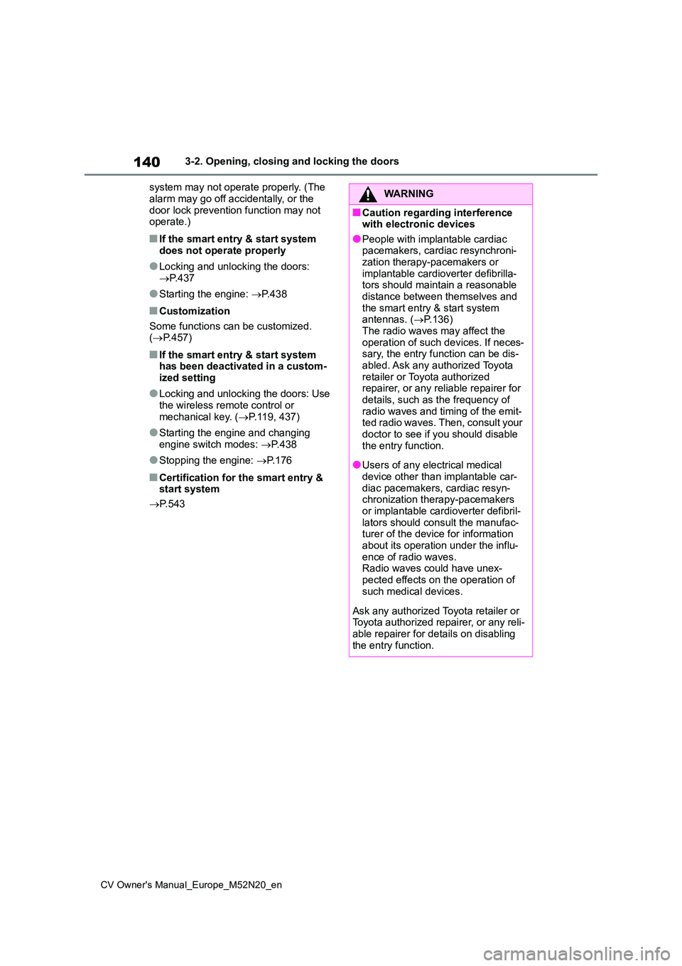 TOYOTA YARIS CROSS 2022 Owners Guide 140
CV Owner's Manual_Europe_M52N20_en
3-2. Opening, closing and locking the doors
system may not operate properly. (The
alarm may go off accidentally, or the door lock prevention function may TOYOTA YARIS CROSS 2022 Owners Guide 140
CV Owner's Manual_Europe_M52N20_en
3-2. Opening, closing and locking the doors
system may not operate properly. (The
alarm may go off accidentally, or the door lock prevention function may