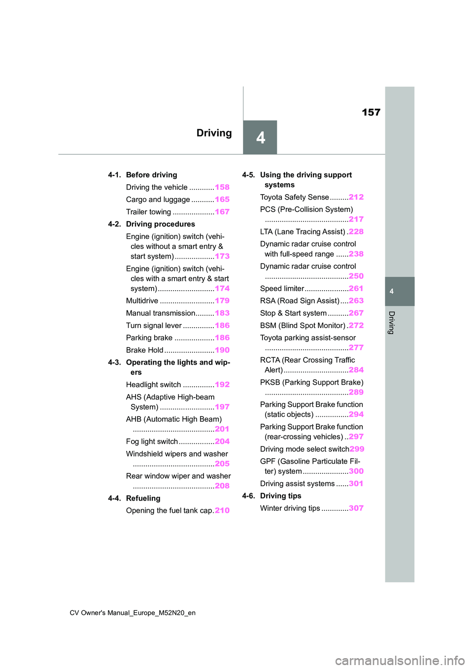 TOYOTA YARIS CROSS 2022 Owners Manual 4
157
CV Owner's Manual_Europe_M52N20_en
4
Driving
Driving
4-1. Before driving
Driving the vehicle ............ 158
Cargo and luggage ........... 165
Trailer towing .................... 167
4- TOYOTA YARIS CROSS 2022 Owners Manual 4
157
CV Owner's Manual_Europe_M52N20_en
4
Driving
Driving
4-1. Before driving
Driving the vehicle ............ 158
Cargo and luggage ........... 165
Trailer towing .................... 167
4-