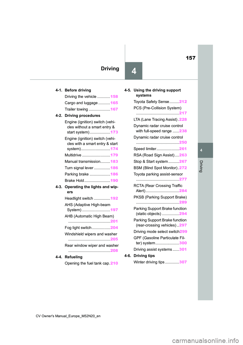 TOYOTA YARIS CROSS 2022  Owners Manual 4
157
CV Owner's Manual_Europe_M52N20_en
4
Driving
Driving
4-1. Before driving 
Driving the vehicle ............ 158 
Cargo and luggage ........... 165 
Trailer towing .................... 167 
4-