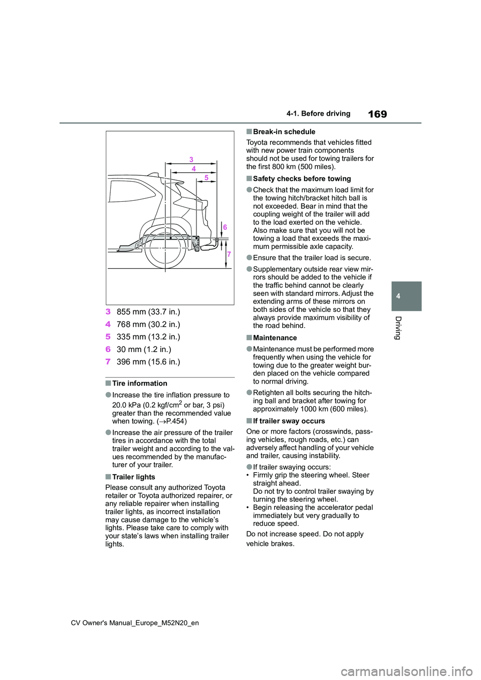 TOYOTA YARIS CROSS 2022  Owners Manual 169
4
CV Owner's Manual_Europe_M52N20_en
4-1. Before driving
Driving3855 mm (33.7 in.) 
4 768 mm (30.2 in.) 
5 335 mm (13.2 in.) 
6 30 mm (1.2 in.) 
7 396 mm (15.6 in.)
■Tire information
●Incr