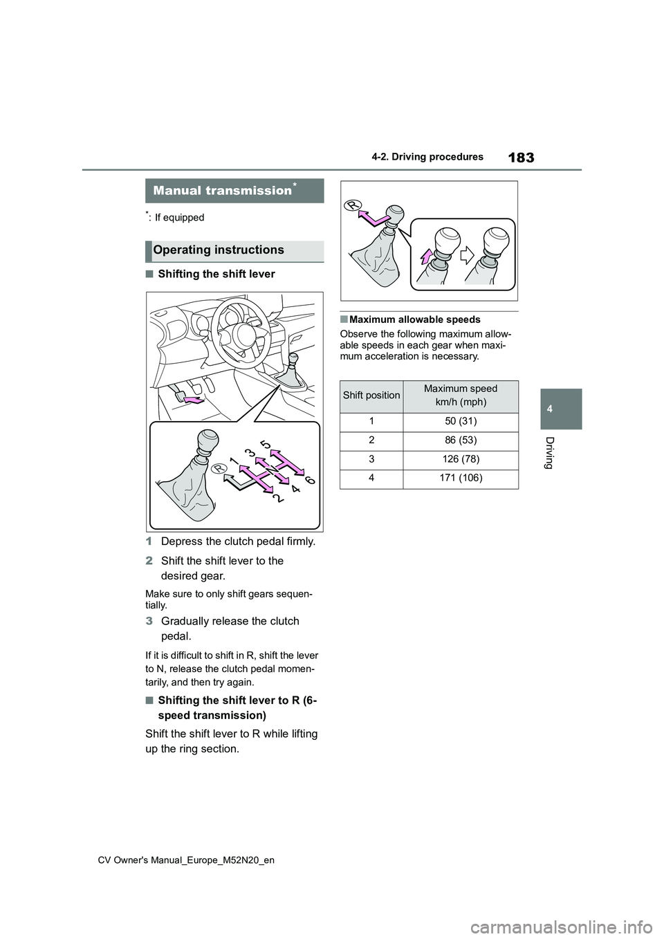 TOYOTA YARIS CROSS 2022 Owners Manual 183
4
CV Owner's Manual_Europe_M52N20_en
4-2. Driving procedures
Driving
*: If equipped
■Shifting the shift lever
1 Depress the clutch pedal firmly.
2 Shift the shift lever to the
desired ge TOYOTA YARIS CROSS 2022 Owners Manual 183
4
CV Owner's Manual_Europe_M52N20_en
4-2. Driving procedures
Driving
*: If equipped
■Shifting the shift lever
1 Depress the clutch pedal firmly.
2 Shift the shift lever to the
desired ge
