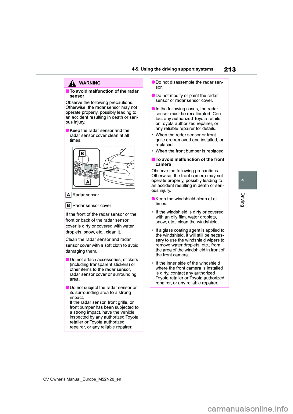 TOYOTA YARIS CROSS 2022 Owners Manual 213
4
CV Owner's Manual_Europe_M52N20_en
4-5. Using the driving support systems
Driving
WARNING
■To avoid malfunction of the radar sensor
Observe the following precautions. Otherwise, the rada TOYOTA YARIS CROSS 2022 Owners Manual 213
4
CV Owner's Manual_Europe_M52N20_en
4-5. Using the driving support systems
Driving
WARNING
■To avoid malfunction of the radar sensor
Observe the following precautions. Otherwise, the rada