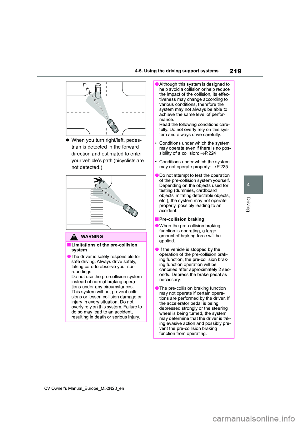TOYOTA YARIS CROSS 2022 Owners Manual 219
4
CV Owner's Manual_Europe_M52N20_en
4-5. Using the driving support systems
Driving
When you turn right/left, pedes-
trian is detected in the forward
direction and estimated to enter
y TOYOTA YARIS CROSS 2022 Owners Manual 219
4
CV Owner's Manual_Europe_M52N20_en
4-5. Using the driving support systems
Driving
When you turn right/left, pedes-
trian is detected in the forward
direction and estimated to enter
y