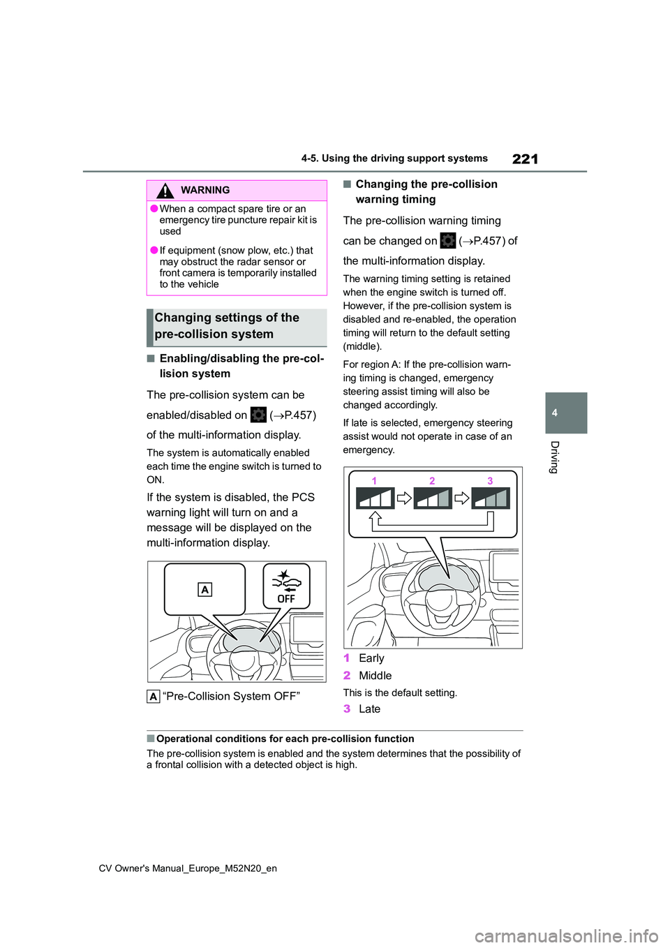 TOYOTA YARIS CROSS 2022 Owners Manual 221
4
CV Owner's Manual_Europe_M52N20_en
4-5. Using the driving support systems
Driving
■Enabling/disabling the pre-col-
lision system
The pre-collision system can be
enabled/disabled on ( TOYOTA YARIS CROSS 2022 Owners Manual 221
4
CV Owner's Manual_Europe_M52N20_en
4-5. Using the driving support systems
Driving
■Enabling/disabling the pre-col-
lision system
The pre-collision system can be
enabled/disabled on (