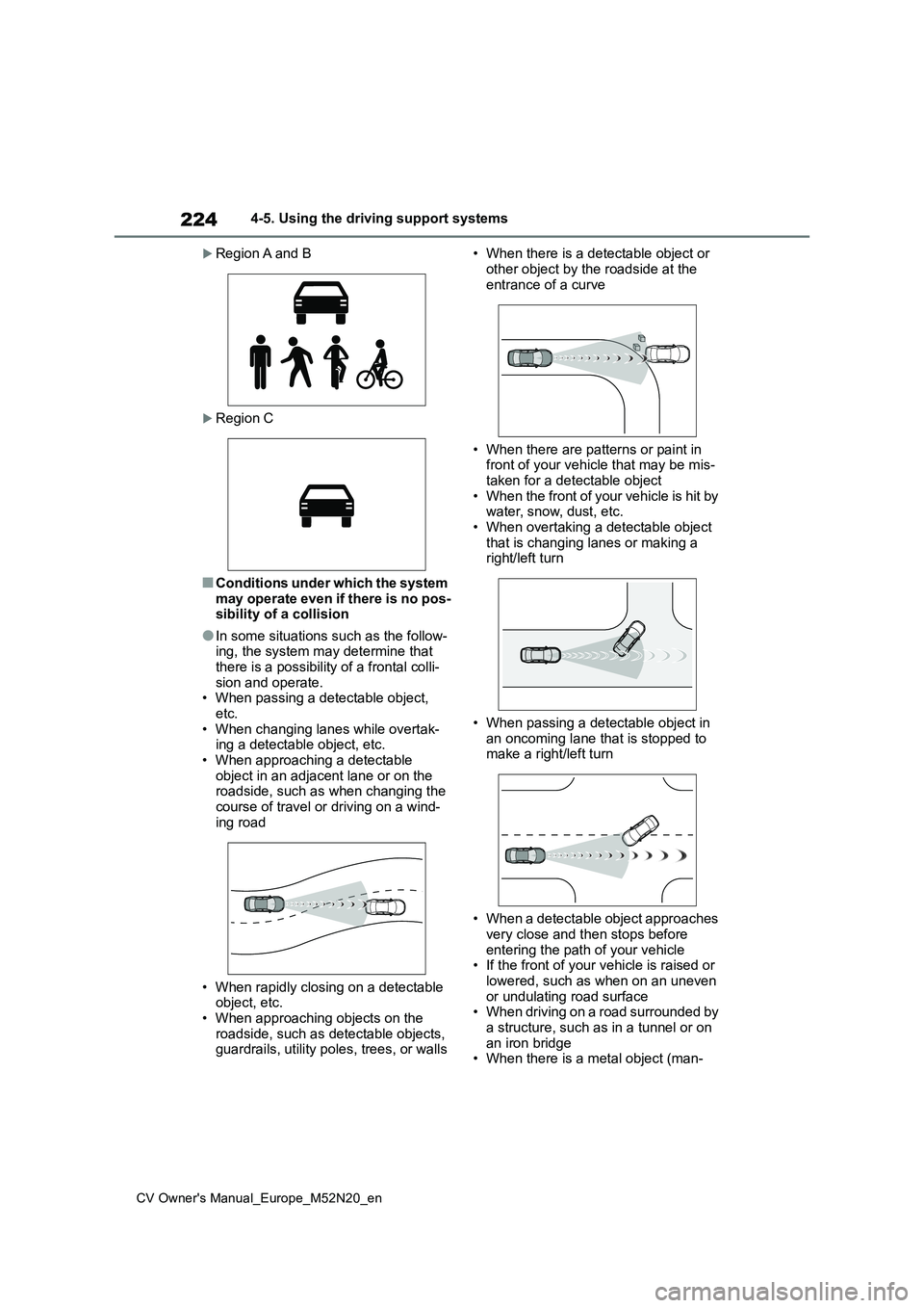TOYOTA YARIS CROSS 2022 Owners Manual 224
CV Owner's Manual_Europe_M52N20_en
4-5. Using the driving support systems
Region A and B
Region C
■Conditions under which the system may operate even if there is no pos-sibility of a TOYOTA YARIS CROSS 2022 Owners Manual 224
CV Owner's Manual_Europe_M52N20_en
4-5. Using the driving support systems
Region A and B
Region C
■Conditions under which the system may operate even if there is no pos-sibility of a