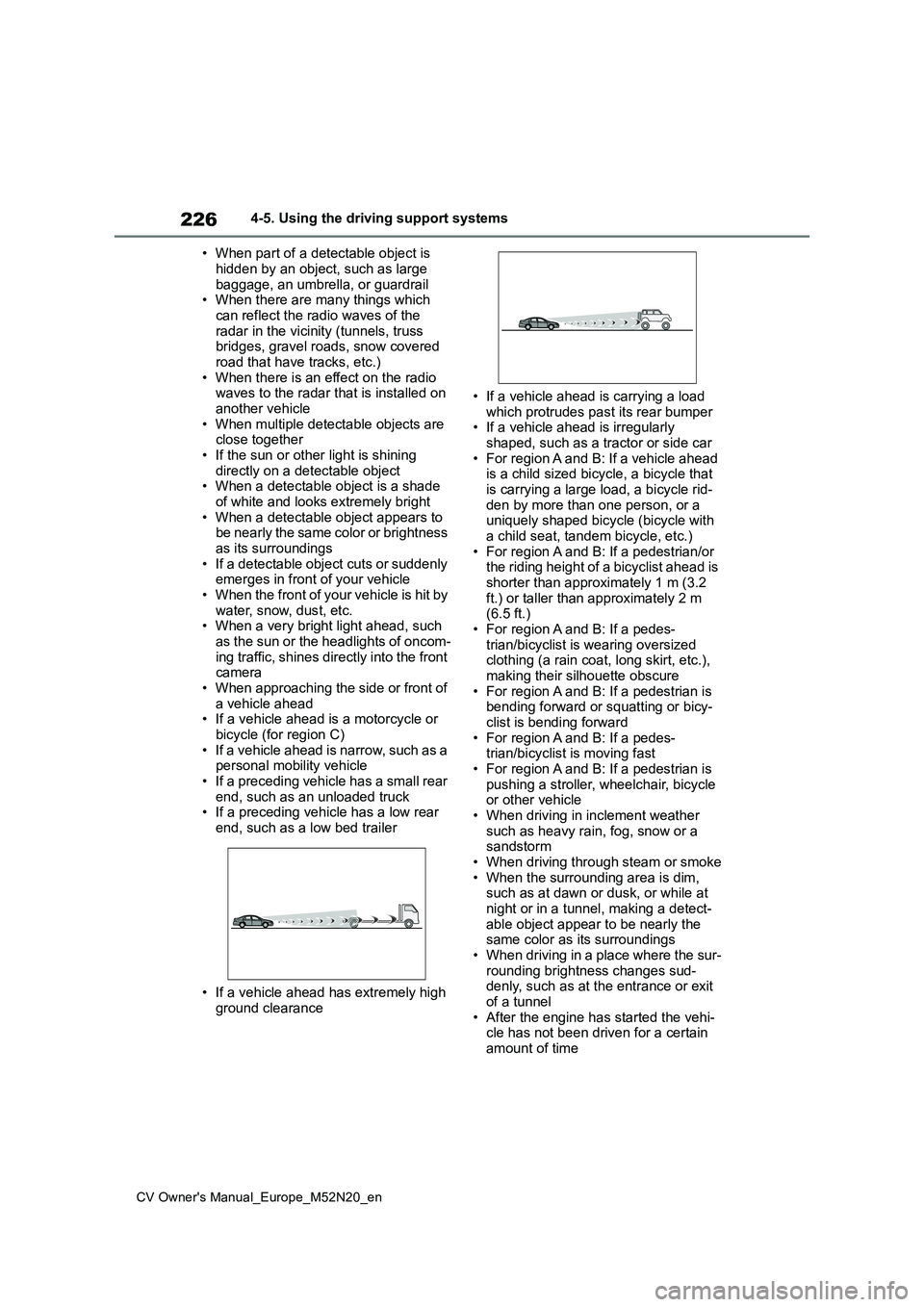 TOYOTA YARIS CROSS 2022 Owners Manual 226
CV Owner's Manual_Europe_M52N20_en
4-5. Using the driving support systems
• When part of a detectable object is
hidden by an object, such as large baggage, an umbrella, or guardrail• W TOYOTA YARIS CROSS 2022 Owners Manual 226
CV Owner's Manual_Europe_M52N20_en
4-5. Using the driving support systems
• When part of a detectable object is
hidden by an object, such as large baggage, an umbrella, or guardrail• W