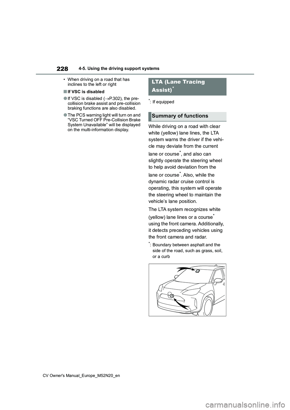 TOYOTA YARIS CROSS 2022 Repair Manual 228
CV Owner's Manual_Europe_M52N20_en
4-5. Using the driving support systems
• When driving on a road that has
inclines to the left or right
■If VSC is disabled
●If VSC is disabled ( TOYOTA YARIS CROSS 2022 Repair Manual 228
CV Owner's Manual_Europe_M52N20_en
4-5. Using the driving support systems
• When driving on a road that has
inclines to the left or right
■If VSC is disabled
●If VSC is disabled ( 