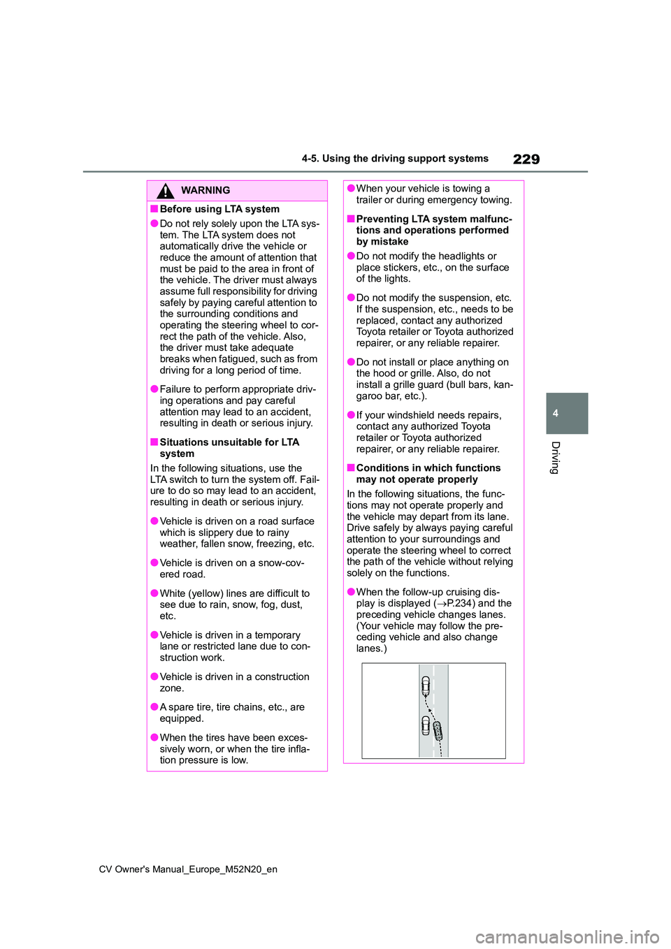 TOYOTA YARIS CROSS 2022 Repair Manual 229
4
CV Owner's Manual_Europe_M52N20_en
4-5. Using the driving support systems
Driving
WARNING
■Before using LTA system
●Do not rely solely upon the LTA sys-
tem. The LTA system does not au TOYOTA YARIS CROSS 2022 Repair Manual 229
4
CV Owner's Manual_Europe_M52N20_en
4-5. Using the driving support systems
Driving
WARNING
■Before using LTA system
●Do not rely solely upon the LTA sys-
tem. The LTA system does not au