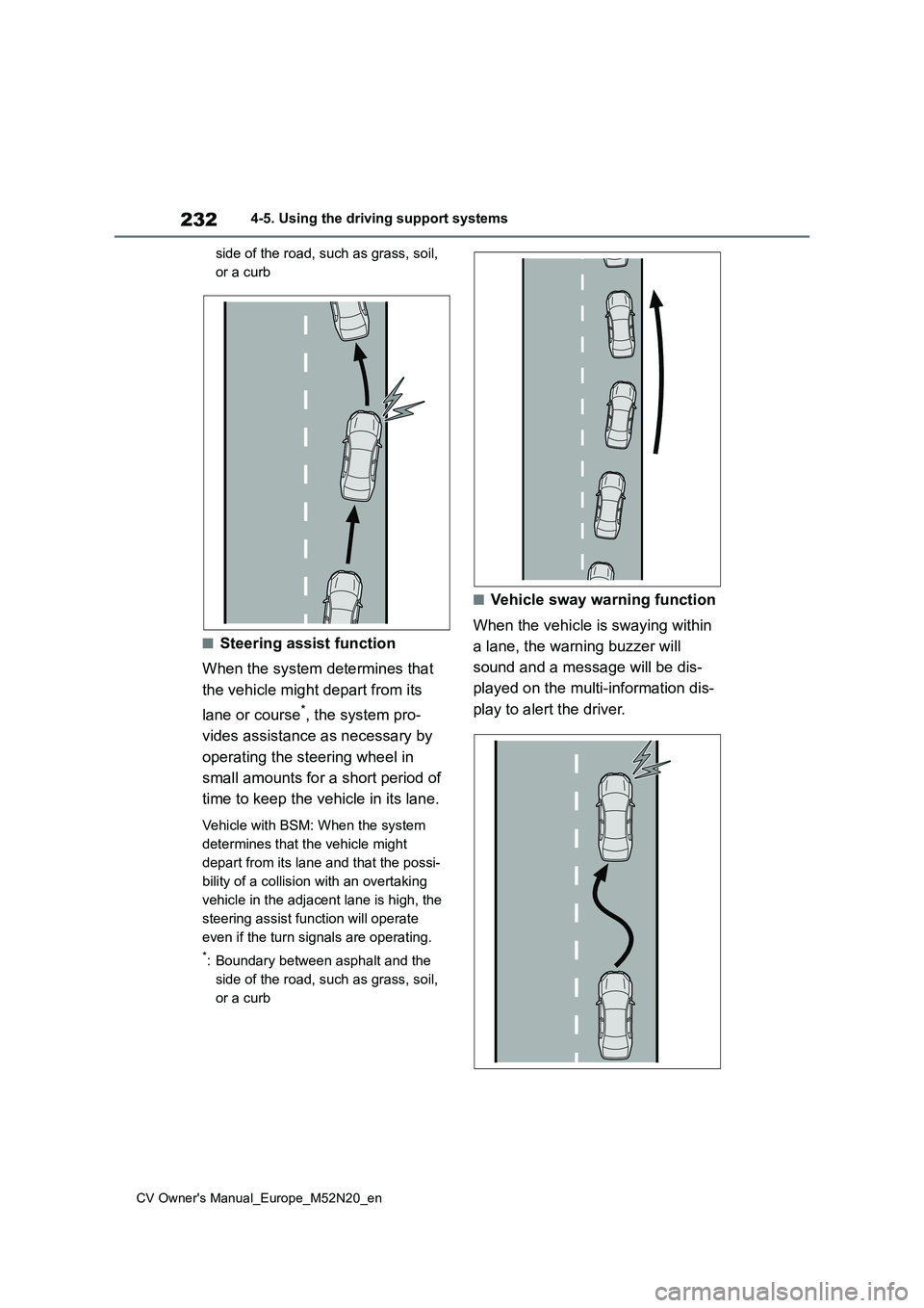 TOYOTA YARIS CROSS 2022 Owners Manual 232
CV Owner's Manual_Europe_M52N20_en
4-5. Using the driving support systems
side of the road, such as grass, soil,
or a curb
■Steering assist function
When the system determines that
the TOYOTA YARIS CROSS 2022 Owners Manual 232
CV Owner's Manual_Europe_M52N20_en
4-5. Using the driving support systems
side of the road, such as grass, soil,
or a curb
■Steering assist function
When the system determines that
the