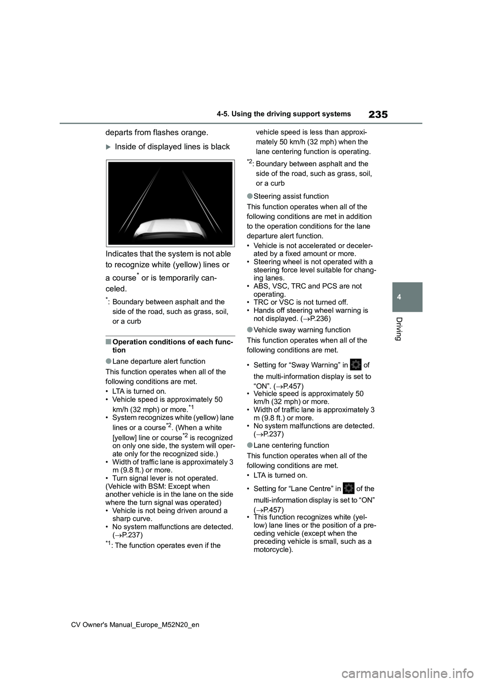 TOYOTA YARIS CROSS 2022 Owners Manual 235
4
CV Owner's Manual_Europe_M52N20_en
4-5. Using the driving support systems
Driving
departs from flashes orange.
Inside of displayed lines is black
Indicates that the system is not able
TOYOTA YARIS CROSS 2022 Owners Manual 235
4
CV Owner's Manual_Europe_M52N20_en
4-5. Using the driving support systems
Driving
departs from flashes orange.
Inside of displayed lines is black
Indicates that the system is not able