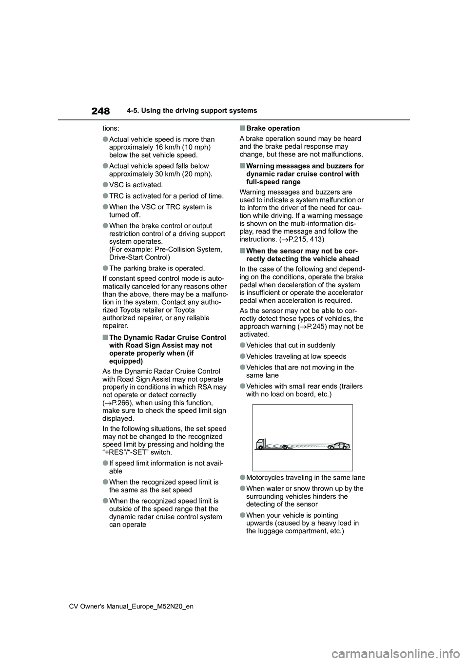 TOYOTA YARIS CROSS 2022 Owners Guide 248
CV Owner's Manual_Europe_M52N20_en
4-5. Using the driving support systems
tions:
●Actual vehicle speed is more than approximately 16 km/h (10 mph)
below the set vehicle speed.
●Actual TOYOTA YARIS CROSS 2022 Owners Guide 248
CV Owner's Manual_Europe_M52N20_en
4-5. Using the driving support systems
tions:
●Actual vehicle speed is more than approximately 16 km/h (10 mph)
below the set vehicle speed.
●Actual