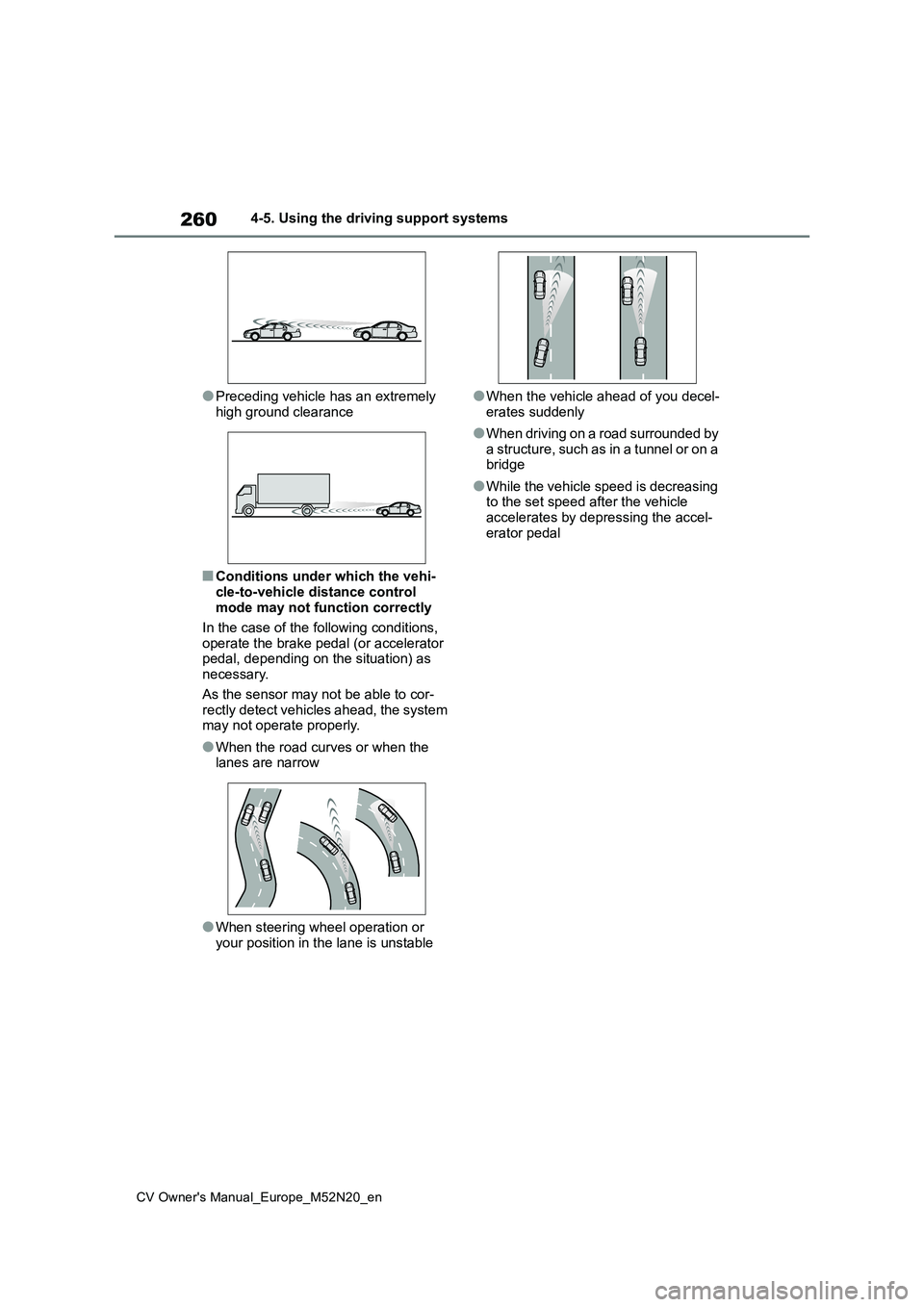TOYOTA YARIS CROSS 2022 Service Manual 260
CV Owner's Manual_Europe_M52N20_en
4-5. Using the driving support systems
●Preceding vehicle has an extremely
high ground clearance
■Conditions under which the vehi-
cle-to-vehicle dista TOYOTA YARIS CROSS 2022 Service Manual 260
CV Owner's Manual_Europe_M52N20_en
4-5. Using the driving support systems
●Preceding vehicle has an extremely
high ground clearance
■Conditions under which the vehi-
cle-to-vehicle dista