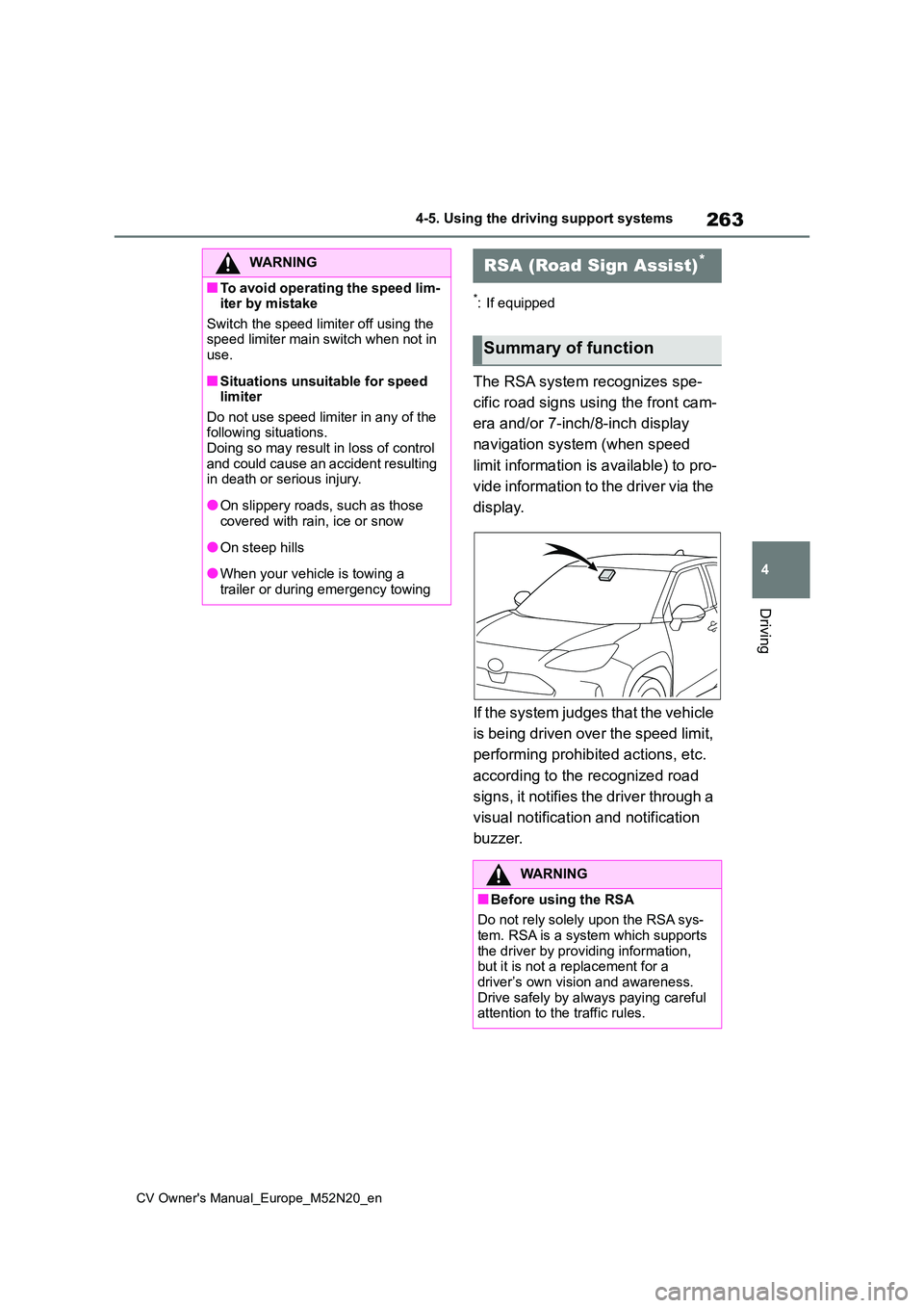 TOYOTA YARIS CROSS 2022 User Guide 263
4
CV Owner's Manual_Europe_M52N20_en
4-5. Using the driving support systems
Driving
*: If equipped
The RSA system recognizes spe-
cific road signs using the front cam-
era and/or 7-inch/8-in TOYOTA YARIS CROSS 2022 User Guide 263
4
CV Owner's Manual_Europe_M52N20_en
4-5. Using the driving support systems
Driving
*: If equipped
The RSA system recognizes spe-
cific road signs using the front cam-
era and/or 7-inch/8-in