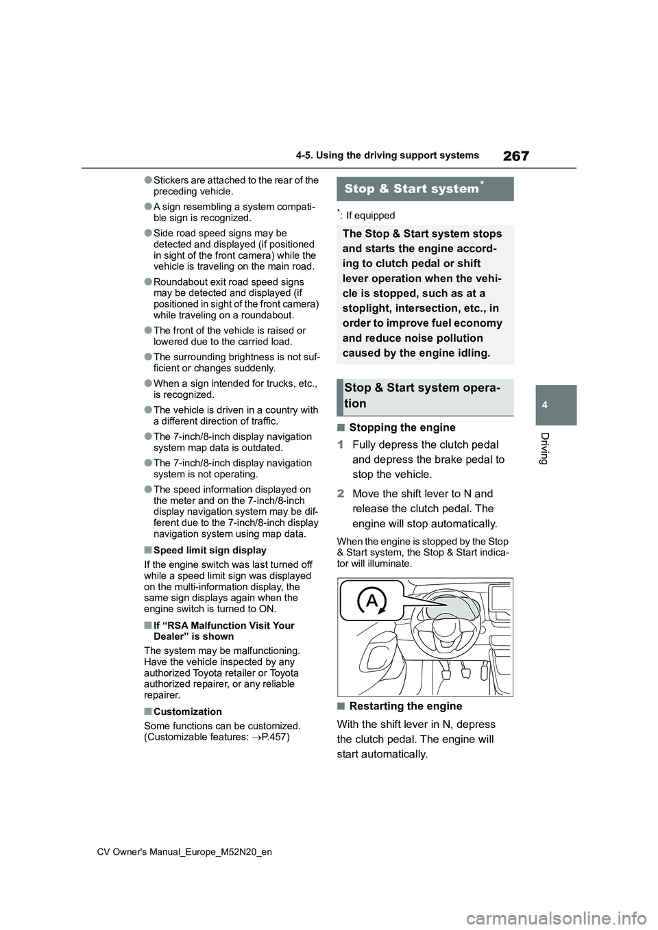 TOYOTA YARIS CROSS 2022 Owners Manual 267
4
CV Owner's Manual_Europe_M52N20_en
4-5. Using the driving support systems
Driving
●S t ic ke r s a r e a t t ac he d t o t h e r e ar o f t he
preceding vehicle.
●A sign resembling TOYOTA YARIS CROSS 2022 Owners Manual 267
4
CV Owner's Manual_Europe_M52N20_en
4-5. Using the driving support systems
Driving
●S t ic ke r s a r e a t t ac he d t o t h e r e ar o f t he
preceding vehicle.
●A sign resembling