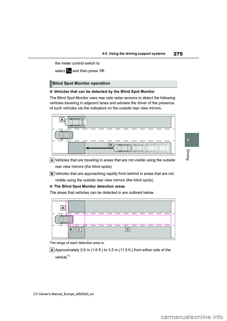 TOYOTA YARIS CROSS 2022 Service Manual 275
4
CV Owner's Manual_Europe_M52N20_en
4-5. Using the driving support systems
Driving
the meter control switch to
select and then press .
■Vehicles that can be detected by the Blind Spot TOYOTA YARIS CROSS 2022 Service Manual 275
4
CV Owner's Manual_Europe_M52N20_en
4-5. Using the driving support systems
Driving
the meter control switch to
select and then press .
■Vehicles that can be detected by the Blind Spot