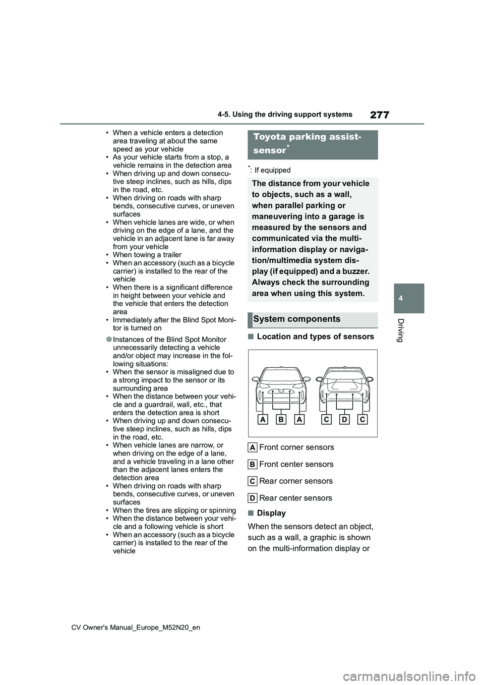 TOYOTA YARIS CROSS 2022 Service Manual 277
4
CV Owner's Manual_Europe_M52N20_en
4-5. Using the driving support systems
Driving
• When a vehicle enters a detection
area traveling at about the same speed as your vehicle• As your v TOYOTA YARIS CROSS 2022 Service Manual 277
4
CV Owner's Manual_Europe_M52N20_en
4-5. Using the driving support systems
Driving
• When a vehicle enters a detection
area traveling at about the same speed as your vehicle• As your v