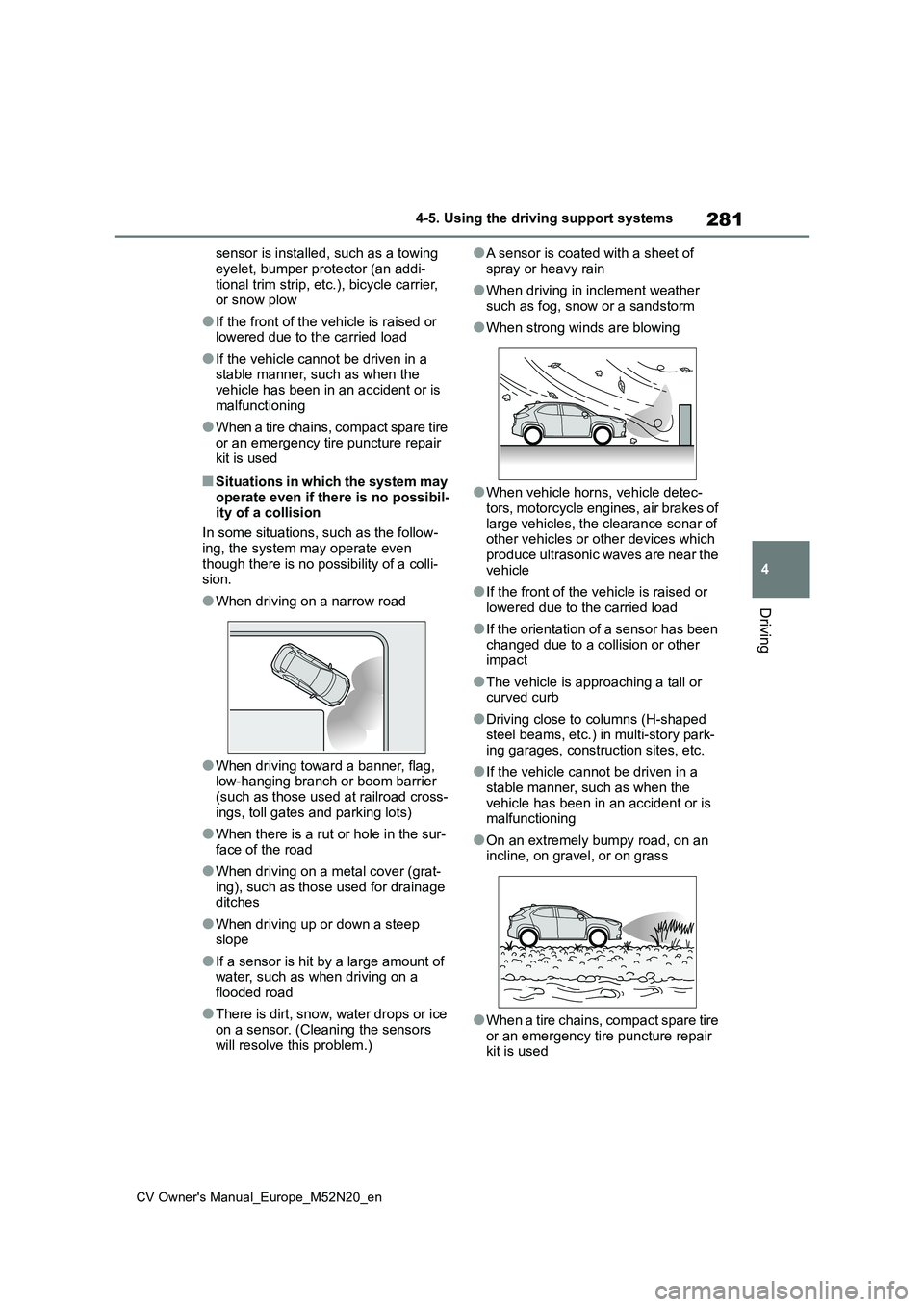 TOYOTA YARIS CROSS 2022 Workshop Manual 281
4
CV Owner's Manual_Europe_M52N20_en
4-5. Using the driving support systems
Driving
sensor is installed, such as a towing
eyelet, bumper protector (an addi- tional trim strip, etc.), bicycle TOYOTA YARIS CROSS 2022 Workshop Manual 281
4
CV Owner's Manual_Europe_M52N20_en
4-5. Using the driving support systems
Driving
sensor is installed, such as a towing
eyelet, bumper protector (an addi- tional trim strip, etc.), bicycle