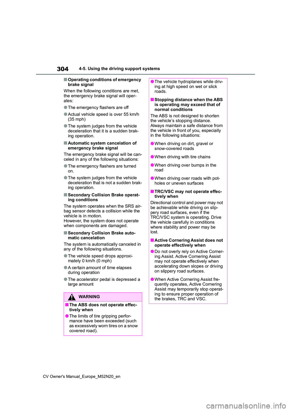 TOYOTA YARIS CROSS 2022 Owners Manual 304
CV Owner's Manual_Europe_M52N20_en
4-5. Using the driving support systems
■Operating conditions of emergency
brake signal
When the following conditions are met, the emergency brake signa TOYOTA YARIS CROSS 2022 Owners Manual 304
CV Owner's Manual_Europe_M52N20_en
4-5. Using the driving support systems
■Operating conditions of emergency
brake signal
When the following conditions are met, the emergency brake signa