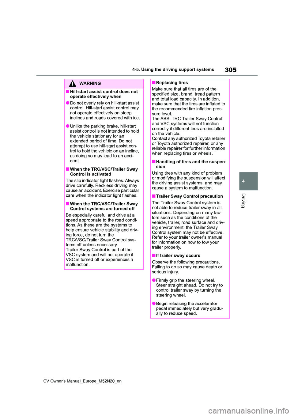 TOYOTA YARIS CROSS 2022 Owners Manual 305
4
CV Owner's Manual_Europe_M52N20_en
4-5. Using the driving support systems
Driving
WARNING
■Hill-start assist control does not operate effectively when
●Do not overly rely on hill-start TOYOTA YARIS CROSS 2022 Owners Manual 305
4
CV Owner's Manual_Europe_M52N20_en
4-5. Using the driving support systems
Driving
WARNING
■Hill-start assist control does not operate effectively when
●Do not overly rely on hill-start