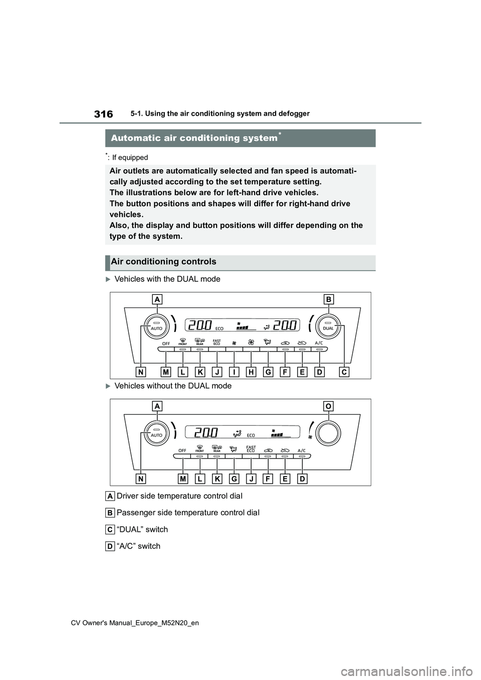 TOYOTA YARIS CROSS 2022 Owners Manual 316
CV Owner's Manual_Europe_M52N20_en
5-1. Using the air conditioning system and defogger
*: If equipped
Vehicles with the DUAL mode
Vehicles without the DUAL mode
Driver side temperature TOYOTA YARIS CROSS 2022 Owners Manual 316
CV Owner's Manual_Europe_M52N20_en
5-1. Using the air conditioning system and defogger
*: If equipped
Vehicles with the DUAL mode
Vehicles without the DUAL mode
Driver side temperature