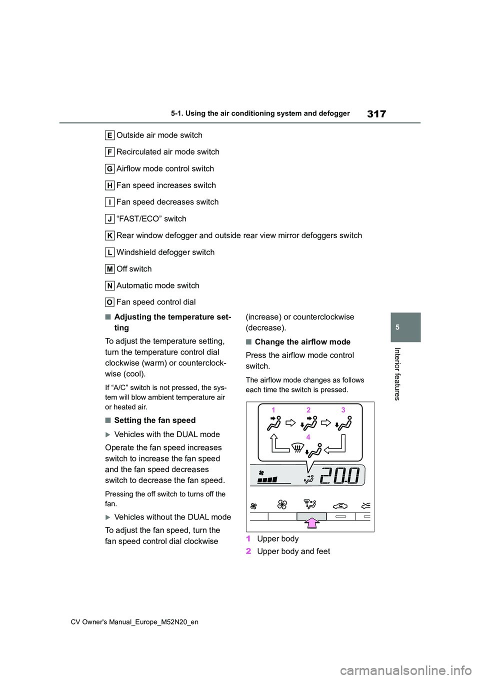 TOYOTA YARIS CROSS 2022 Owners Manual 317
5
CV Owner's Manual_Europe_M52N20_en
5-1. Using the air conditioning system and defogger
Interior features
Outside air mode switch
Recirculated air mode switch
Airflow mode control switch
Fa TOYOTA YARIS CROSS 2022 Owners Manual 317
5
CV Owner's Manual_Europe_M52N20_en
5-1. Using the air conditioning system and defogger
Interior features
Outside air mode switch
Recirculated air mode switch
Airflow mode control switch
Fa