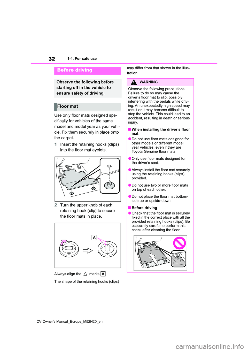 TOYOTA YARIS CROSS 2022 Owners Guide 32
CV Owner's Manual_Europe_M52N20_en
1-1. For safe use
1-1.For s afe us e
Use only floor mats designed spe-
cifically for vehicles of the same
model and model year as your vehi-
cle. Fix the TOYOTA YARIS CROSS 2022 Owners Guide 32
CV Owner's Manual_Europe_M52N20_en
1-1. For safe use
1-1.For s afe us e
Use only floor mats designed spe-
cifically for vehicles of the same
model and model year as your vehi-
cle. Fix the