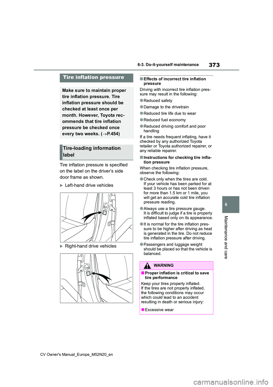 TOYOTA YARIS CROSS 2022 Owners Manual 373
6
CV Owner's Manual_Europe_M52N20_en
6-3. Do-it-yourself maintenance
Maintenance and care
Tire inflation pressure is specified
on the label on the driver’s side
door frame as shown.
L TOYOTA YARIS CROSS 2022 Owners Manual 373
6
CV Owner's Manual_Europe_M52N20_en
6-3. Do-it-yourself maintenance
Maintenance and care
Tire inflation pressure is specified
on the label on the driver’s side
door frame as shown.
L