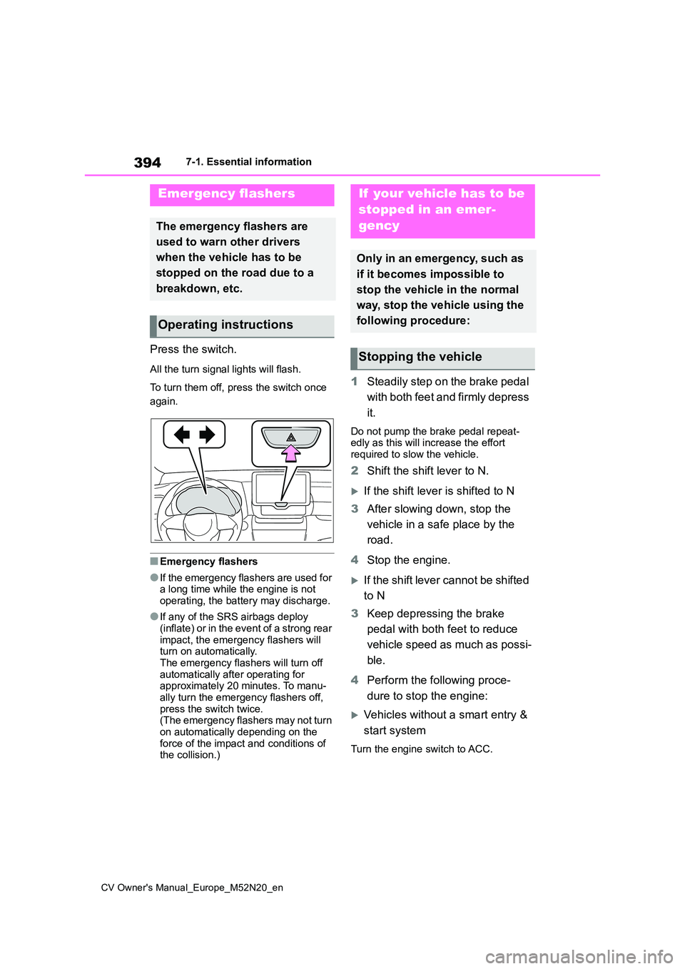 TOYOTA YARIS CROSS 2022 Owners Manual 394
CV Owner's Manual_Europe_M52N20_en
7-1. Essential information
7-1.Esse ntial informa tion
Press the switch.
All the turn signal lights will flash.
To turn them off, press the switch once
ag TOYOTA YARIS CROSS 2022 Owners Manual 394
CV Owner's Manual_Europe_M52N20_en
7-1. Essential information
7-1.Esse ntial informa tion
Press the switch.
All the turn signal lights will flash.
To turn them off, press the switch once
ag
