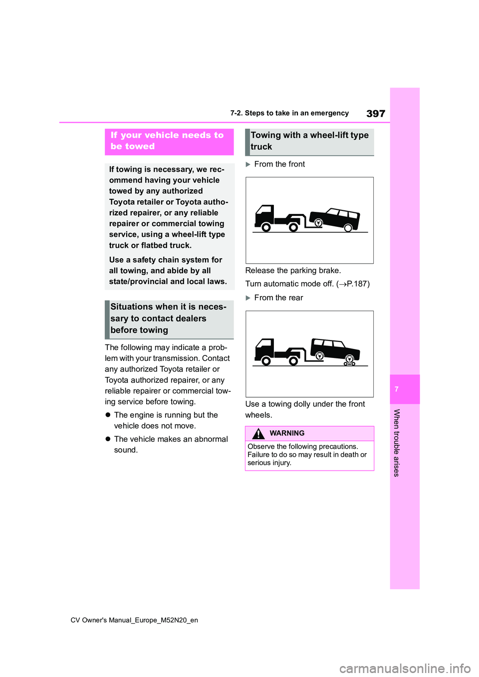 TOYOTA YARIS CROSS 2022 Owners Manual 397
7
CV Owner's Manual_Europe_M52N20_en
7-2. Steps to take in an emergency
When trouble arises
7-2.Ste ps to take in an emerg ency
The following may indicate a prob-
lem with your transmission. TOYOTA YARIS CROSS 2022 Owners Manual 397
7
CV Owner's Manual_Europe_M52N20_en
7-2. Steps to take in an emergency
When trouble arises
7-2.Ste ps to take in an emerg ency
The following may indicate a prob-
lem with your transmission.