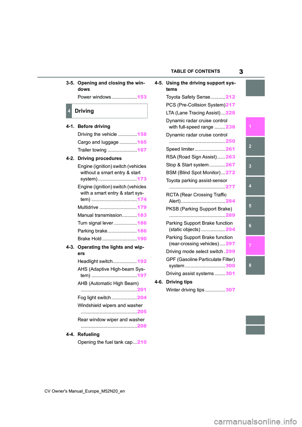 TOYOTA YARIS CROSS 2022  Owners Manual 3
CV Owner's Manual_Europe_M52N20_en
TABLE OF CONTENTS
1 
6 
5
4
3
2
8
7
3-5. Opening and closing the win- 
dows 
Power windows ................... 153 
4-1. Before driving 
Driving the vehicle ..