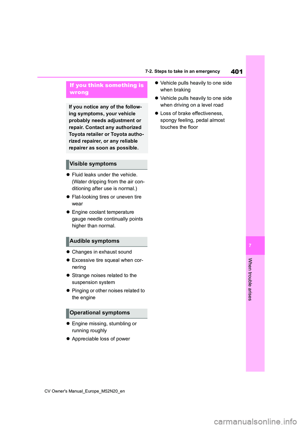 TOYOTA YARIS CROSS 2022 Owners Manual 401
7
CV Owner's Manual_Europe_M52N20_en
7-2. Steps to take in an emergency
When trouble arises
Fluid leaks under the vehicle.
(Water dripping from the air con-
ditioning after use is normal. TOYOTA YARIS CROSS 2022 Owners Manual 401
7
CV Owner's Manual_Europe_M52N20_en
7-2. Steps to take in an emergency
When trouble arises
Fluid leaks under the vehicle.
(Water dripping from the air con-
ditioning after use is normal.