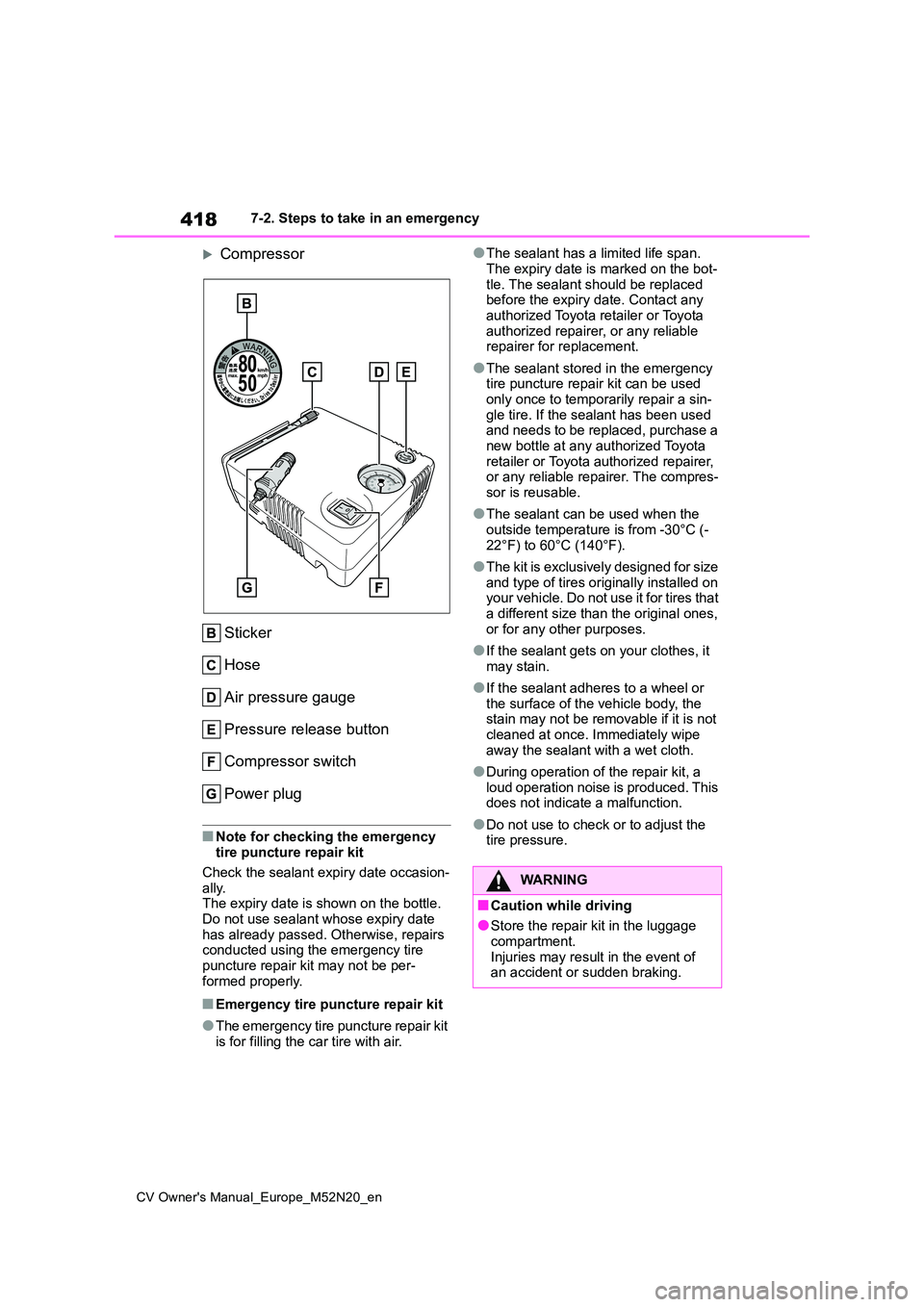 TOYOTA YARIS CROSS 2022 Owners Manual 418
CV Owner's Manual_Europe_M52N20_en
7-2. Steps to take in an emergency
Compressor
Sticker
Hose
Air pressure gauge
Pressure release button
Compressor switch
Power plug
■Note for checkin TOYOTA YARIS CROSS 2022 Owners Manual 418
CV Owner's Manual_Europe_M52N20_en
7-2. Steps to take in an emergency
Compressor
Sticker
Hose
Air pressure gauge
Pressure release button
Compressor switch
Power plug
■Note for checkin