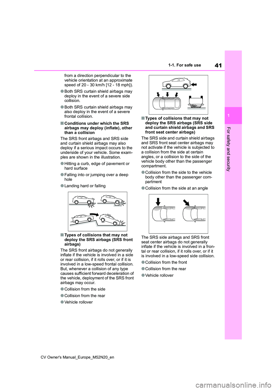 TOYOTA YARIS CROSS 2022 Service Manual 41
1
CV Owner's Manual_Europe_M52N20_en
1-1. For safe use
For safety and security
from a direction perpendicular to the  
vehicle orientation at an approximate  speed of 20 - 30 km/h [12 - 18 mph]