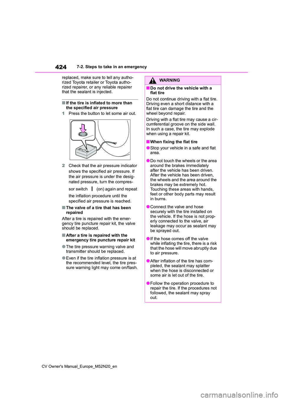 TOYOTA YARIS CROSS 2022 Owners Manual 424
CV Owner's Manual_Europe_M52N20_en
7-2. Steps to take in an emergency
replaced, make sure to tell any autho-
rized Toyota retailer or Toyota autho- rized repairer, or any reliable repairer t TOYOTA YARIS CROSS 2022 Owners Manual 424
CV Owner's Manual_Europe_M52N20_en
7-2. Steps to take in an emergency
replaced, make sure to tell any autho-
rized Toyota retailer or Toyota autho- rized repairer, or any reliable repairer t