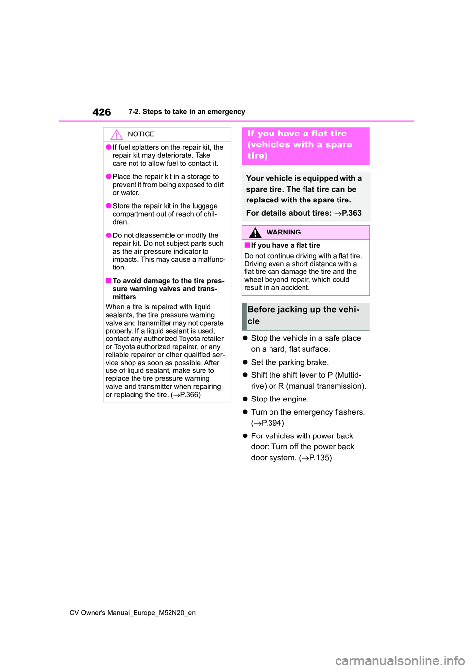 TOYOTA YARIS CROSS 2022 Owners Manual 426
CV Owner's Manual_Europe_M52N20_en
7-2. Steps to take in an emergency
Stop the vehicle in a safe place
on a hard, flat surface.
Set the parking brake.
Shift the shift lever to P TOYOTA YARIS CROSS 2022 Owners Manual 426
CV Owner's Manual_Europe_M52N20_en
7-2. Steps to take in an emergency
Stop the vehicle in a safe place
on a hard, flat surface.
Set the parking brake.
Shift the shift lever to P