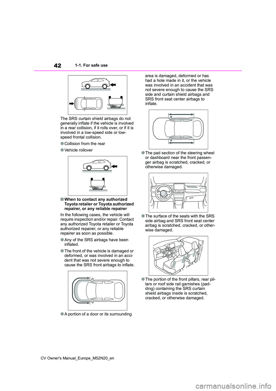 TOYOTA YARIS CROSS 2022 Service Manual 42
CV Owner's Manual_Europe_M52N20_en
1-1. For safe use
The SRS curtain shield airbags do not
generally inflate if the vehicle is involved in a rear collision, if it rolls over, or if it is in TOYOTA YARIS CROSS 2022 Service Manual 42
CV Owner's Manual_Europe_M52N20_en
1-1. For safe use
The SRS curtain shield airbags do not
generally inflate if the vehicle is involved in a rear collision, if it rolls over, or if it is in