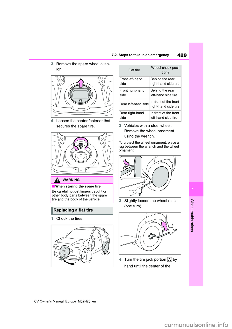 TOYOTA YARIS CROSS 2022 Owners Manual 429
7
CV Owner's Manual_Europe_M52N20_en
7-2. Steps to take in an emergency
When trouble arises
3Remove the spare wheel cush-
ion.
4 Loosen the center fastener that
secures the spare tire.
1 TOYOTA YARIS CROSS 2022 Owners Manual 429
7
CV Owner's Manual_Europe_M52N20_en
7-2. Steps to take in an emergency
When trouble arises
3Remove the spare wheel cush-
ion.
4 Loosen the center fastener that
secures the spare tire.
1