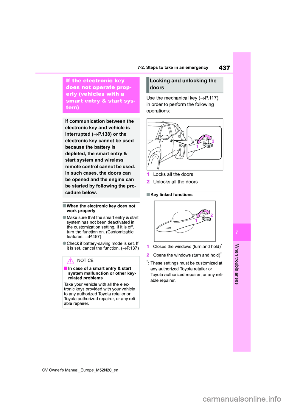 TOYOTA YARIS CROSS 2022 Owners Manual 437
7
CV Owner's Manual_Europe_M52N20_en
7-2. Steps to take in an emergency
When trouble arises
■When the electronic key does not work properly
●Make sure that the smart entry & start system TOYOTA YARIS CROSS 2022 Owners Manual 437
7
CV Owner's Manual_Europe_M52N20_en
7-2. Steps to take in an emergency
When trouble arises
■When the electronic key does not work properly
●Make sure that the smart entry & start system