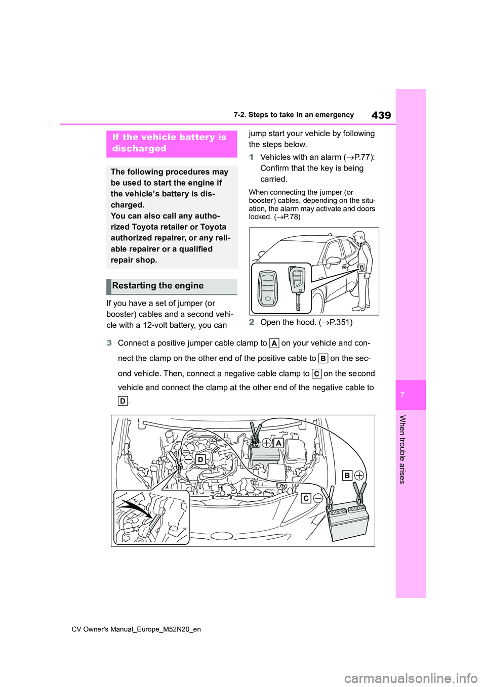 TOYOTA YARIS CROSS 2022 Owners Manual 439
7
CV Owner's Manual_Europe_M52N20_en
7-2. Steps to take in an emergency
When trouble arises
If you have a set of jumper (or
booster) cables and a second vehi-
cle with a 12-volt battery, yo TOYOTA YARIS CROSS 2022 Owners Manual 439
7
CV Owner's Manual_Europe_M52N20_en
7-2. Steps to take in an emergency
When trouble arises
If you have a set of jumper (or
booster) cables and a second vehi-
cle with a 12-volt battery, yo