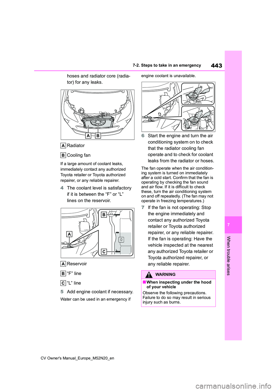 TOYOTA YARIS CROSS 2022 Owners Manual 443
7
CV Owner's Manual_Europe_M52N20_en
7-2. Steps to take in an emergency
When trouble arises
hoses and radiator core (radia-
tor) for any leaks.
Radiator
Cooling fan
If a large amount of coo TOYOTA YARIS CROSS 2022 Owners Manual 443
7
CV Owner's Manual_Europe_M52N20_en
7-2. Steps to take in an emergency
When trouble arises
hoses and radiator core (radia-
tor) for any leaks.
Radiator
Cooling fan
If a large amount of coo