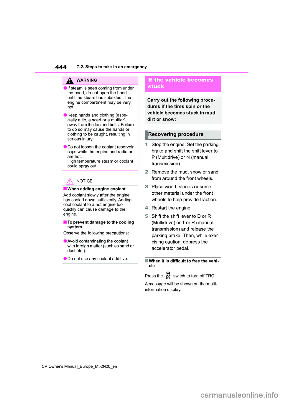 TOYOTA YARIS CROSS 2022 Owners Manual 444
CV Owner's Manual_Europe_M52N20_en
7-2. Steps to take in an emergency
1Stop the engine. Set the parking
brake and shift the shift lever to
P (Multidrive) or N (manual
transmission).
2 R TOYOTA YARIS CROSS 2022 Owners Manual 444
CV Owner's Manual_Europe_M52N20_en
7-2. Steps to take in an emergency
1Stop the engine. Set the parking
brake and shift the shift lever to
P (Multidrive) or N (manual
transmission).
2 R