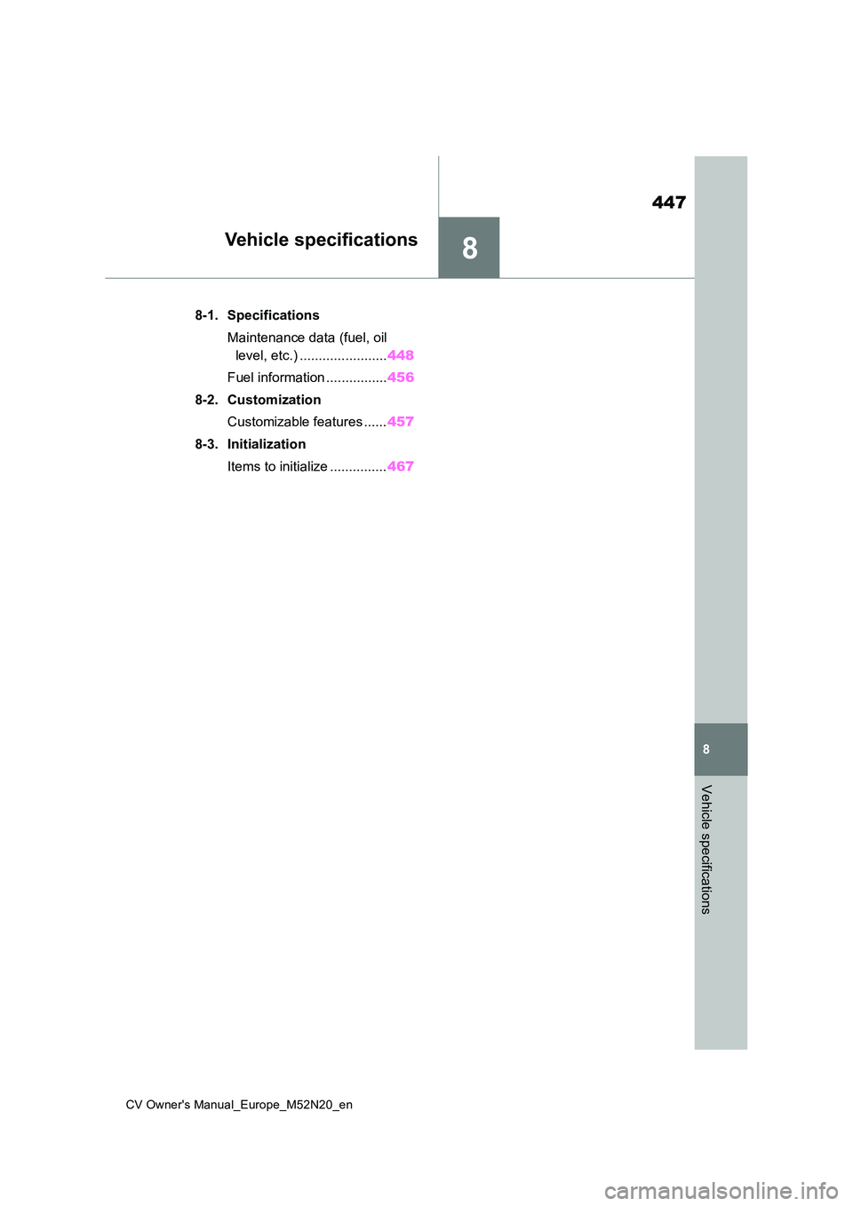 TOYOTA YARIS CROSS 2022 Owners Manual 8
447
CV Owner's Manual_Europe_M52N20_en
8
Vehicle specifications
Vehicle specifications
8-1. Specifications
Maintenance data (fuel, oil
level, etc.) ....................... 448
Fuel informati TOYOTA YARIS CROSS 2022 Owners Manual 8
447
CV Owner's Manual_Europe_M52N20_en
8
Vehicle specifications
Vehicle specifications
8-1. Specifications
Maintenance data (fuel, oil
level, etc.) ....................... 448
Fuel informati