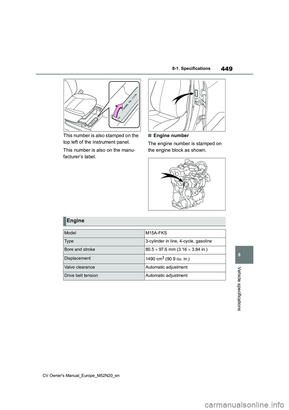 TOYOTA YARIS CROSS 2022 Owners Manual 449
8
CV Owner's Manual_Europe_M52N20_en
8-1. Specifications
Vehicle specifications
This number is also stamped on the
top left of the instrument panel.
This number is also on the manu-
factur TOYOTA YARIS CROSS 2022 Owners Manual 449
8
CV Owner's Manual_Europe_M52N20_en
8-1. Specifications
Vehicle specifications
This number is also stamped on the
top left of the instrument panel.
This number is also on the manu-
factur