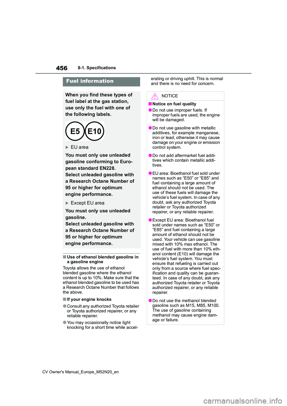 TOYOTA YARIS CROSS 2022 Owners Manual 456
CV Owner's Manual_Europe_M52N20_en
8-1. Specifications
■Use of ethanol blended gasoline in a gasoline engine
Toyota allows the use of ethanol
blended gasoline where the ethanol content TOYOTA YARIS CROSS 2022 Owners Manual 456
CV Owner's Manual_Europe_M52N20_en
8-1. Specifications
■Use of ethanol blended gasoline in a gasoline engine
Toyota allows the use of ethanol
blended gasoline where the ethanol content