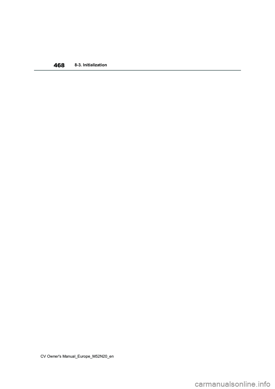 TOYOTA YARIS CROSS 2022 Owners Manual 468
CV Owner's Manual_Europe_M52N20_en
8-3. Initialization TOYOTA YARIS CROSS 2022 Owners Manual 468
CV Owner's Manual_Europe_M52N20_en
8-3. Initialization