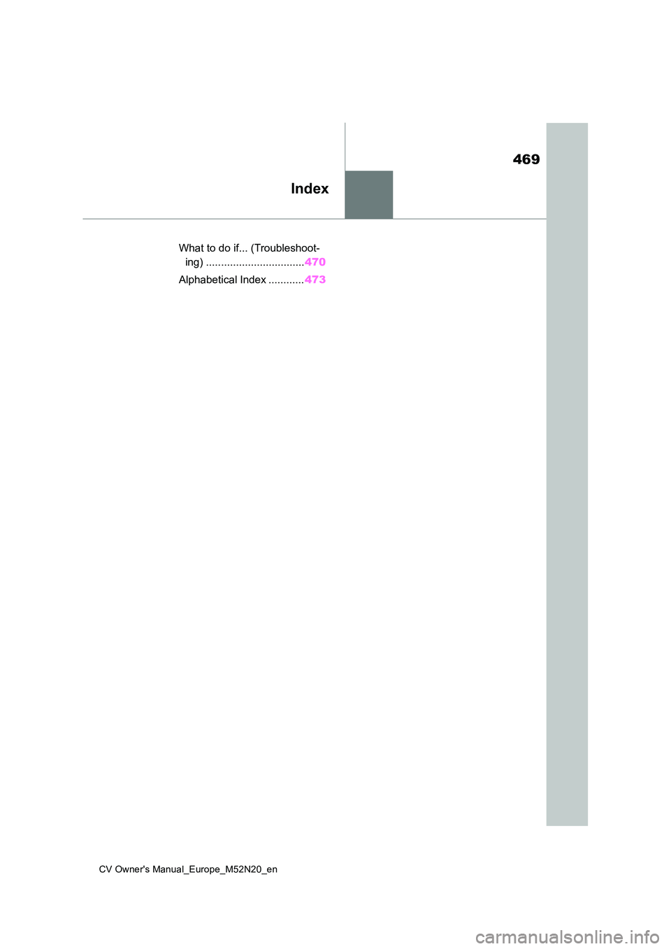 TOYOTA YARIS CROSS 2022 Owners Manual 469
CV Owner's Manual_Europe_M52N20_en
Index
What to do if... (Troubleshoot-
ing) ................................. 470
Alphabetical Index ............ 473 TOYOTA YARIS CROSS 2022 Owners Manual 469
CV Owner's Manual_Europe_M52N20_en
Index
What to do if... (Troubleshoot-
ing) ................................. 470
Alphabetical Index ............ 473